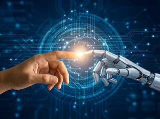 A human hand and a robotic hand reach toward each other, touching at the fingertips as light glows between them, symbolizing collaboration between humanity and artificial intelligence.