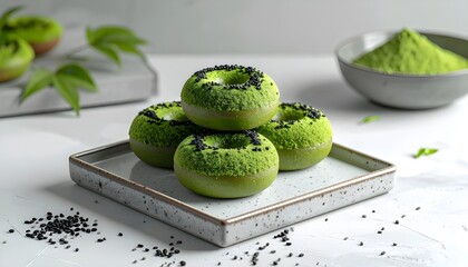 Delicious green matcha donuts sprinkled with black sesame seeds on a ceramic plate, presented on a white table with a dusting of matcha powder in the background
