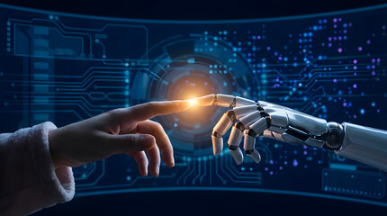 A human hand and a robotic hand reach toward each other, touching at the fingertips as light glows between them, symbolizing collaboration between humanity and artificial intelligence.