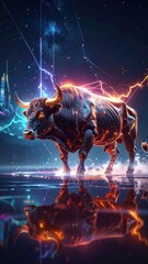 A futuristic bull stands powerfully, reflected in a digital surface, surrounded by lightning and cityscapes.