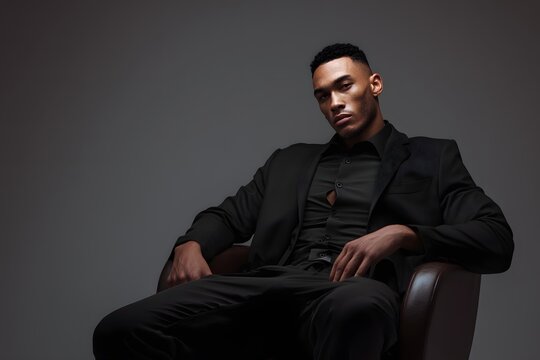 Confident man in black suit sitting in leather chair looks at camera