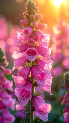 Tall pink flowering plant illuminated by golden sunlight