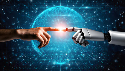 A human hand and a robotic hand reach toward each other, touching at the fingertips as light glows between them, symbolizing collaboration between humanity and artificial intelligence.