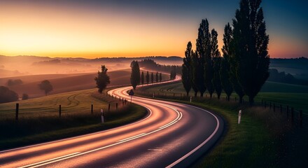 Curved countryside road glowing with the radiant hues of sunrise, cutting through misty fields and framed by a majestic line of cypress trees, evoking peaceful travel