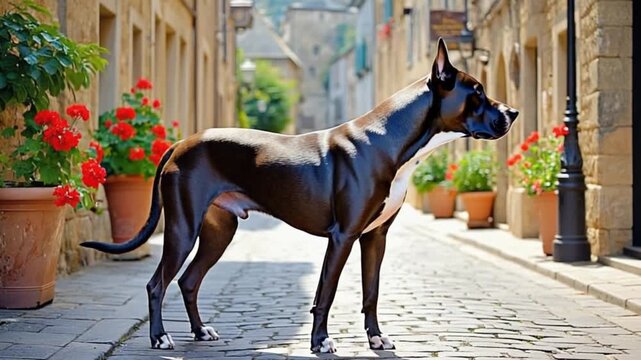 A great dane stands tall on a cobblestone street with flower pots lining the buildings in the background dog video
