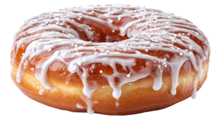 Donut covered in white sugar glaze and pearl sprinkles, a tasty confectionery snack or dessert item, isolated