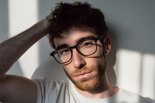 Contemplative man with glasses poses in bright, partially shadowed, modern setting