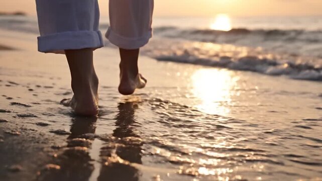 A person walks barefoot through shallow ocean water as the sun sets on a calm horizon