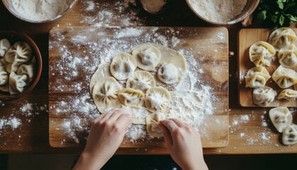 Dough Craft: An overhead shot showcases hands meticulously crafting delicious dumplings, highlighting culinary expertise and the joy of preparing fresh ingredients, Generative AI.