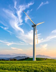Tall wind turbine amidst a vibrant green field under a blue, cloudy sky