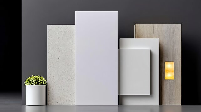 An abstract composition featuring various geometric shapes, including rectangles and squares, alongside a small potted plant, all set against a dark gray backgr