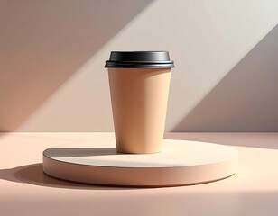 Tan paper coffee cup with black lid displayed on circular podium