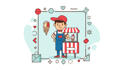 A cartoon ice cream vendor stands proudly beside his colorful cart, ready to serve treats.