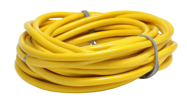 Yellow extension cord coiled for easy storage, providing portable electrical power and energy connection, transparent background