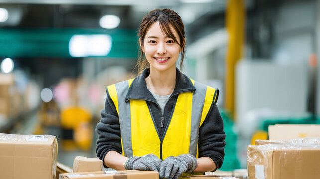 出荷前の検品チェックに集中する若い女性スタッフ　プロフェッショナルな姿勢が伝わる職場