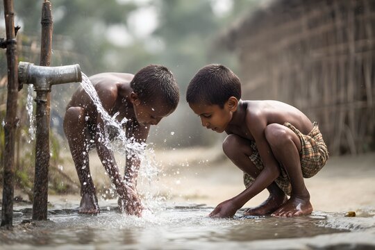 Two young boys playing with water from a tap in a rural environment
