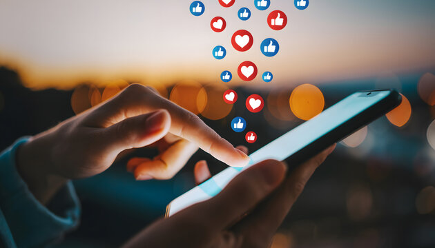 A person scrolls through social media on a smartphone while heart and like icons float above the screen, symbolizing online interaction and engagement in a lively city setting. - Powered by Adobe