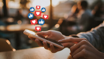 A person scrolls through social media on a smartphone while heart and like icons float above the screen, symbolizing online interaction and engagement in a lively city setting.