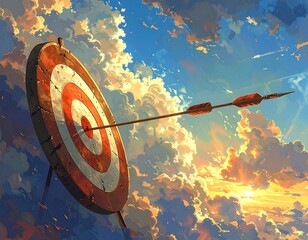 Target hit by arrow, sunset sky