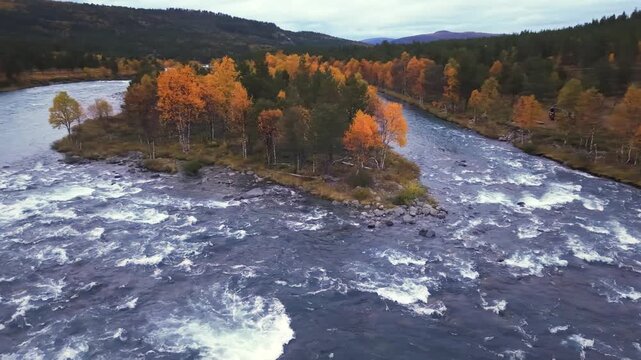 Jotunheimen National Park Aerial &ndash; Autumn Forest and Mountain River