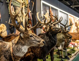 Taxidermied deer and other hunting trophies displayed in a museum