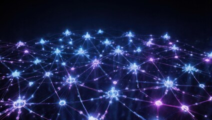 A network of connected points glows with blue and purple light in a dark void