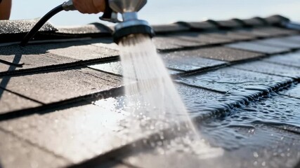 Closeup of metallic roof coating being sprayed evenly on a residential rooftop highlighting the shimmer and protective layer against harsh weather conditions.