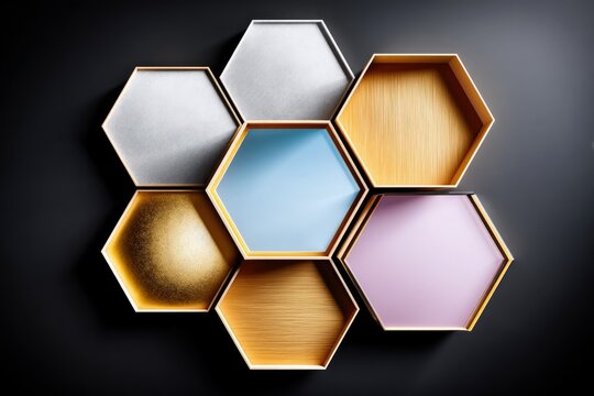 A modern interior design concept featuring a cluster of hexagon-shaped shelves with various textures and colors against a dark background.