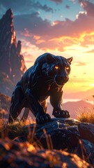 A black panther stands on a rock at sunset, with mountains and a colorful sky in the background.