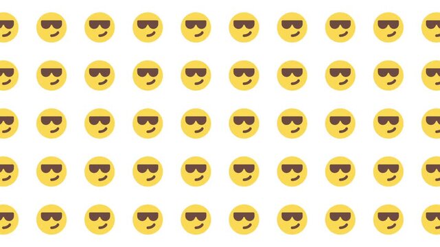 Repeating pattern of sunglasseswearing emoji faces on white. Suitable for backgrounds, social media, printables, and summerthemed designs.