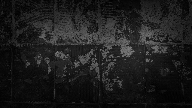 grunge overlay effect with scratched concrete texture, distressed dark wall surface, rough peeling paint pattern, retro gritty noise texture for film or photo overlay effect on black background, old