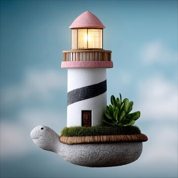 A whimsical image of a lighthouse perched on a turtle's back, floating in a blue sky. The lighthouse is lit, and the scene has a surreal and dreamlike quality.