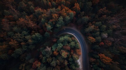 Aerial drone view of a winding asphalt road curving through a dense autumn forest with vibrant fall foliage