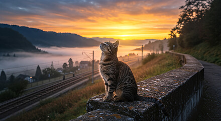 A domestic cat gazes at the sunrise, while on a scenic overlook with mountains covered in mist during the dawn.
