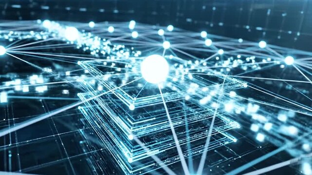 Futuristic digital network with glowing orbs, lines, and layered data structures