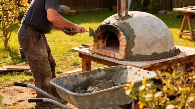 Builder mixing refractory cement and shaping the dome structure for a hybrid wood and gas outdoor pizza oven in a sunny garden.
