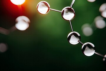 Close-up of a molecular structure with shiny spheres and connecting rods against a green background, with bright, blurred lighting.