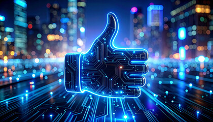Close-up neon thumbs up icon with glowing circuit details on tech background