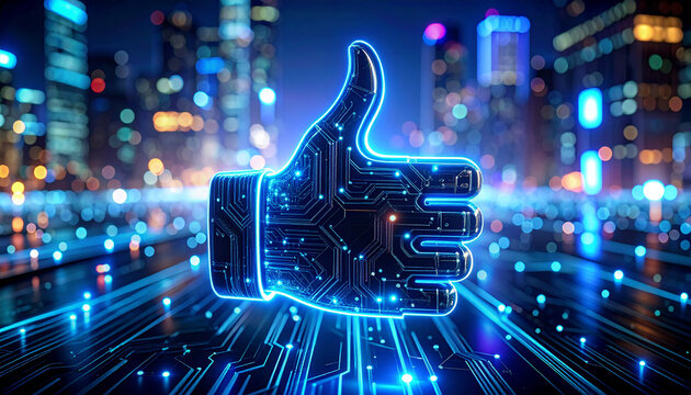 Close-up neon thumbs up icon with glowing circuit details on tech background
