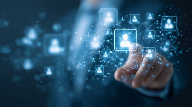 Interactive Digital Network Showcasing Connections Between Individuals Through a Holographic Interface and Touchpoint Technology