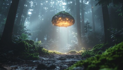 Mysterious UFO Hovering Over Forest Clearing with Eerie Light.