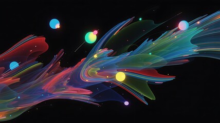Abstract Colorful Swirling Fluid Shapes and Glowing Orbs on Black Background blue