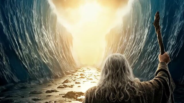 AI generated video of Moses Parting the Red Sea. Crossing the Red Sea. Splitting the sea. Epic Biblical Miracle. Exodus 14 Cinematic Video background. Concept of Faith and Deliverance.