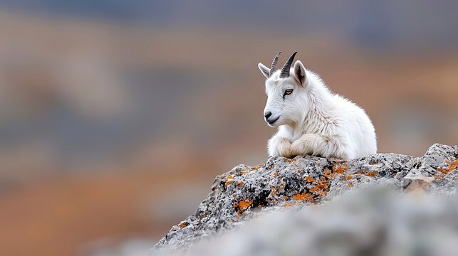 A mountain goat rests on a rocky outcrop, showcasing its white fur and horns, with a blurred natural background.