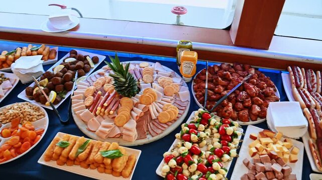 Assorted cold appetizers and meats on buffet table. Beautiful buffet arrangement with meats, cheese, crackers, wings, and colorful salads on a cruise ship table.
