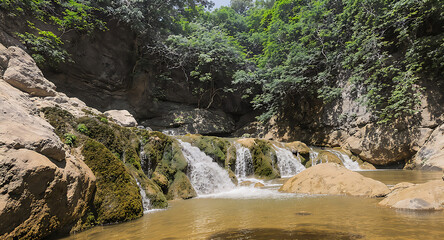 Beautiful natural waterfall in a lush green forest with rocks and clear water.