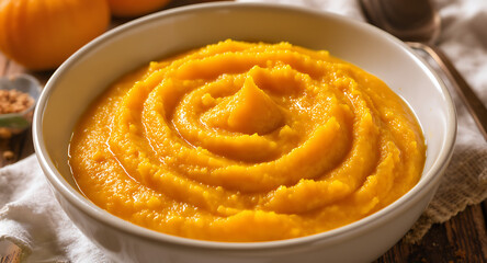Creamy Pumpkin Puree Swirled in a Bowl.