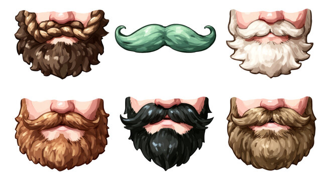 Diverse Collection of Illustrated Mustaches and Beards on Transparent Background - Powered by Adobe