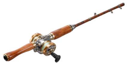 Vintage fishing rod with a finely crafted wooden handle and an ornate metal reel, featuring a transparent background