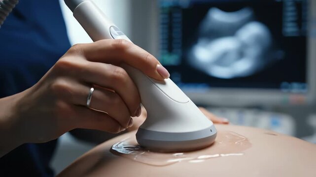 Indian doctor performs prenatal ultrasound scan on a pregnant woman's belly in a clinic